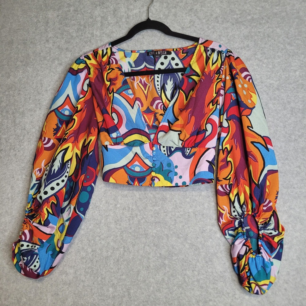 Love X Design Womens Abstract Psychedelic Print Puff Sleeve Crop Top Small Artsy